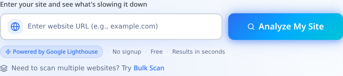 SnapSiteScan homepage with an empty URL input field and a blue Analyze My Site button