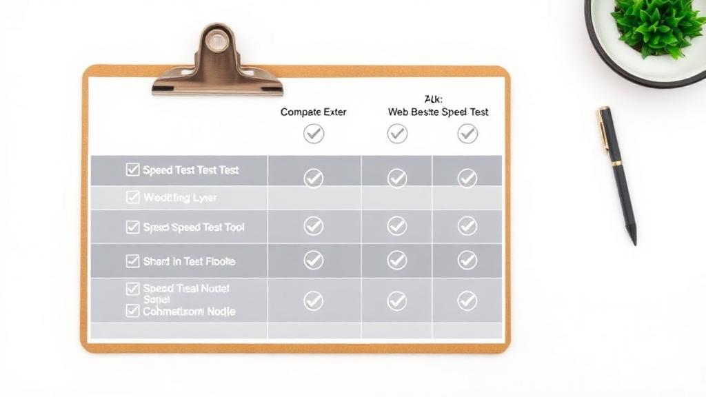 Comparison checklist showing features of different website speed test tools with checkmarks