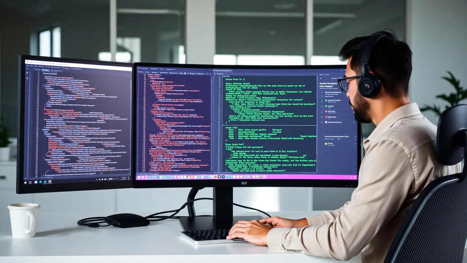 Web developer optimizing website code with before and after performance comparison visible on multiple monitors