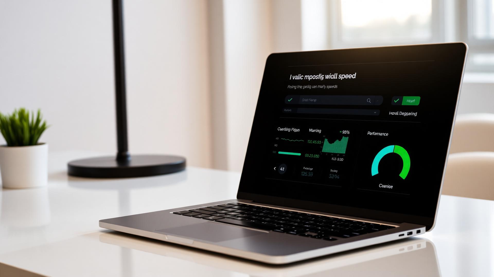 Laptop showing website loading speed improvement results with green checkmarks and performance graphs