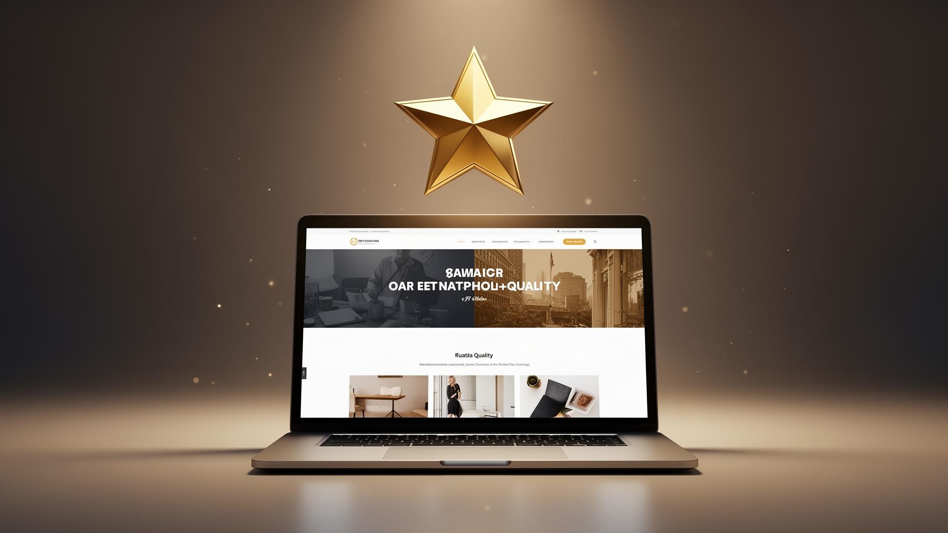 Gold star quality badge floating above laptop displaying beautifully designed website