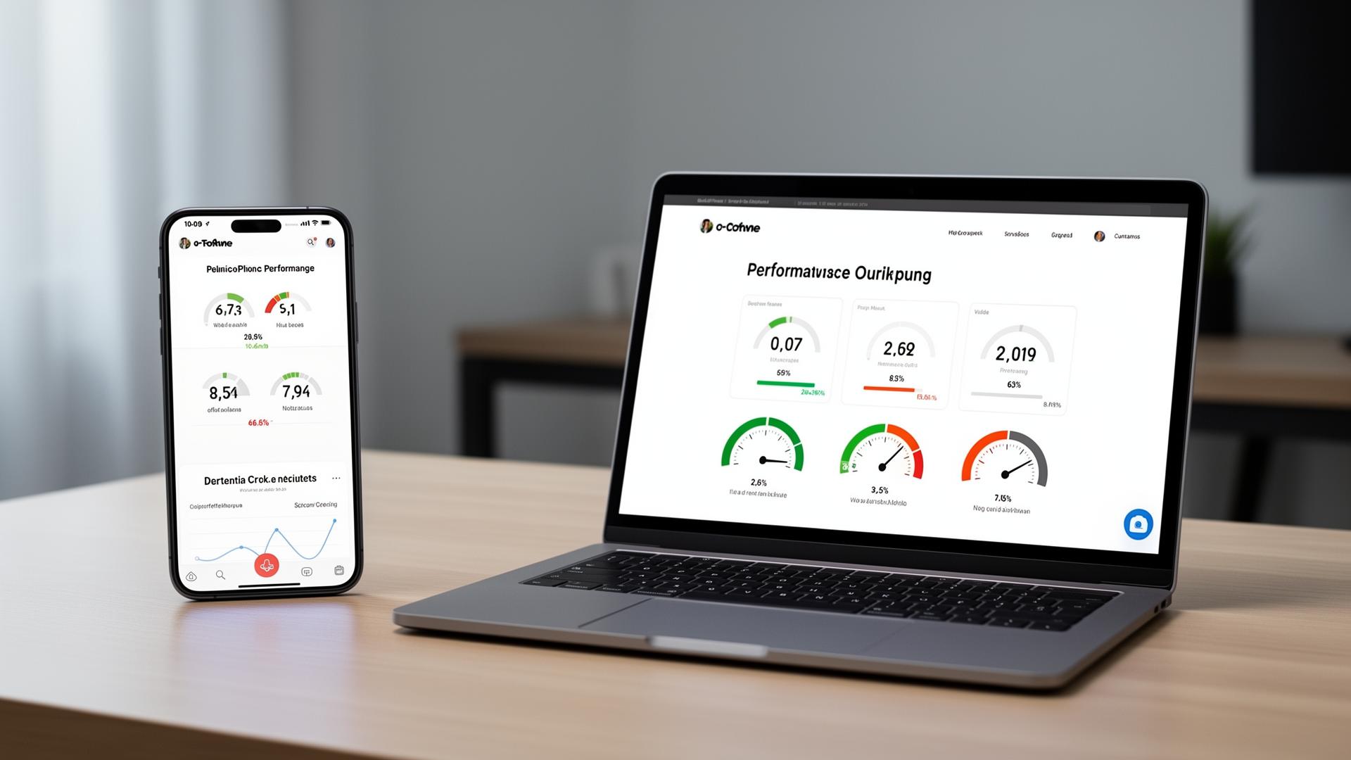 Smartphone and laptop side by side showing website performance metrics and speed gauges comparison
