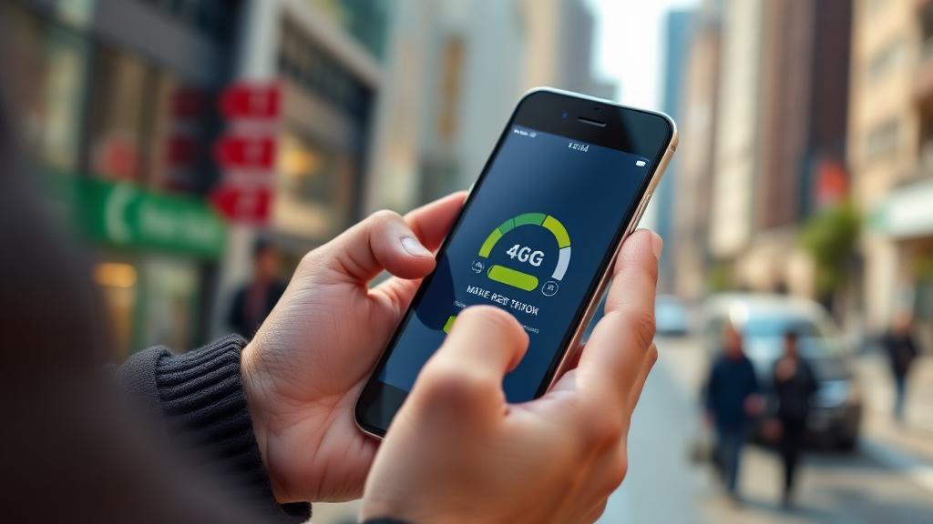 Person using smartphone outdoors on mobile network testing website loading speed