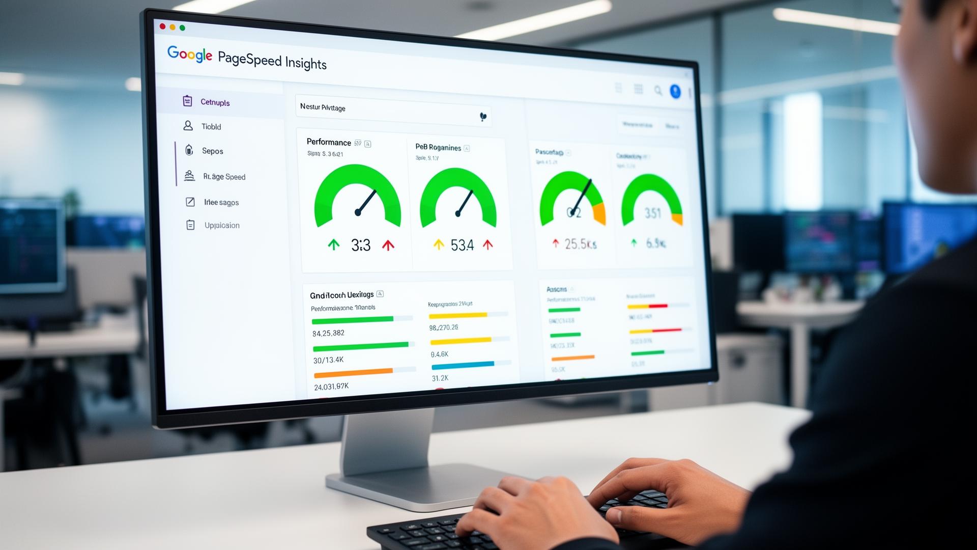 Google PageSpeed Insights dashboard showing colorful performance gauges and metrics on large monitor