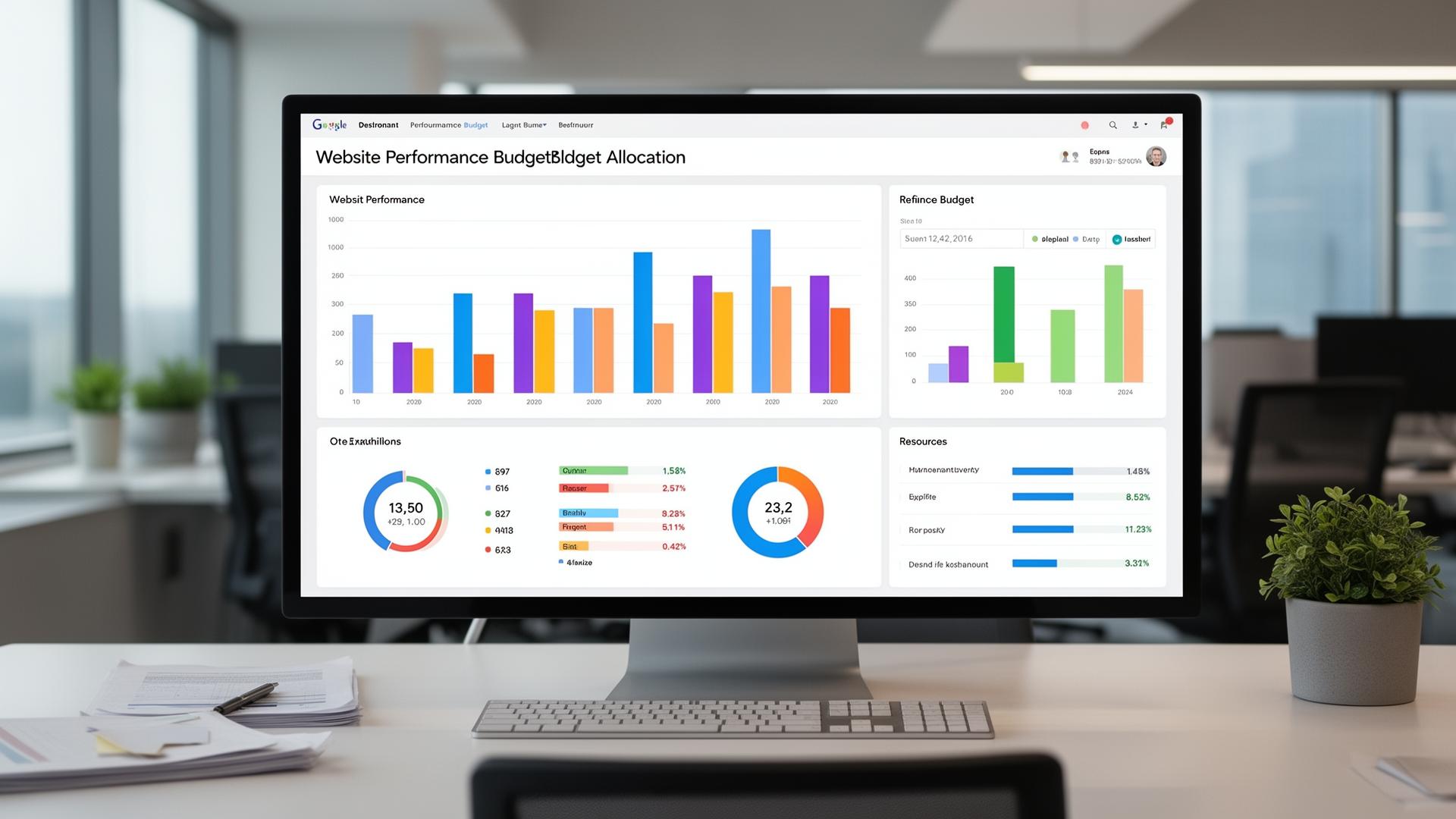 Performance budget dashboard showing resource allocation charts and website metrics on monitor