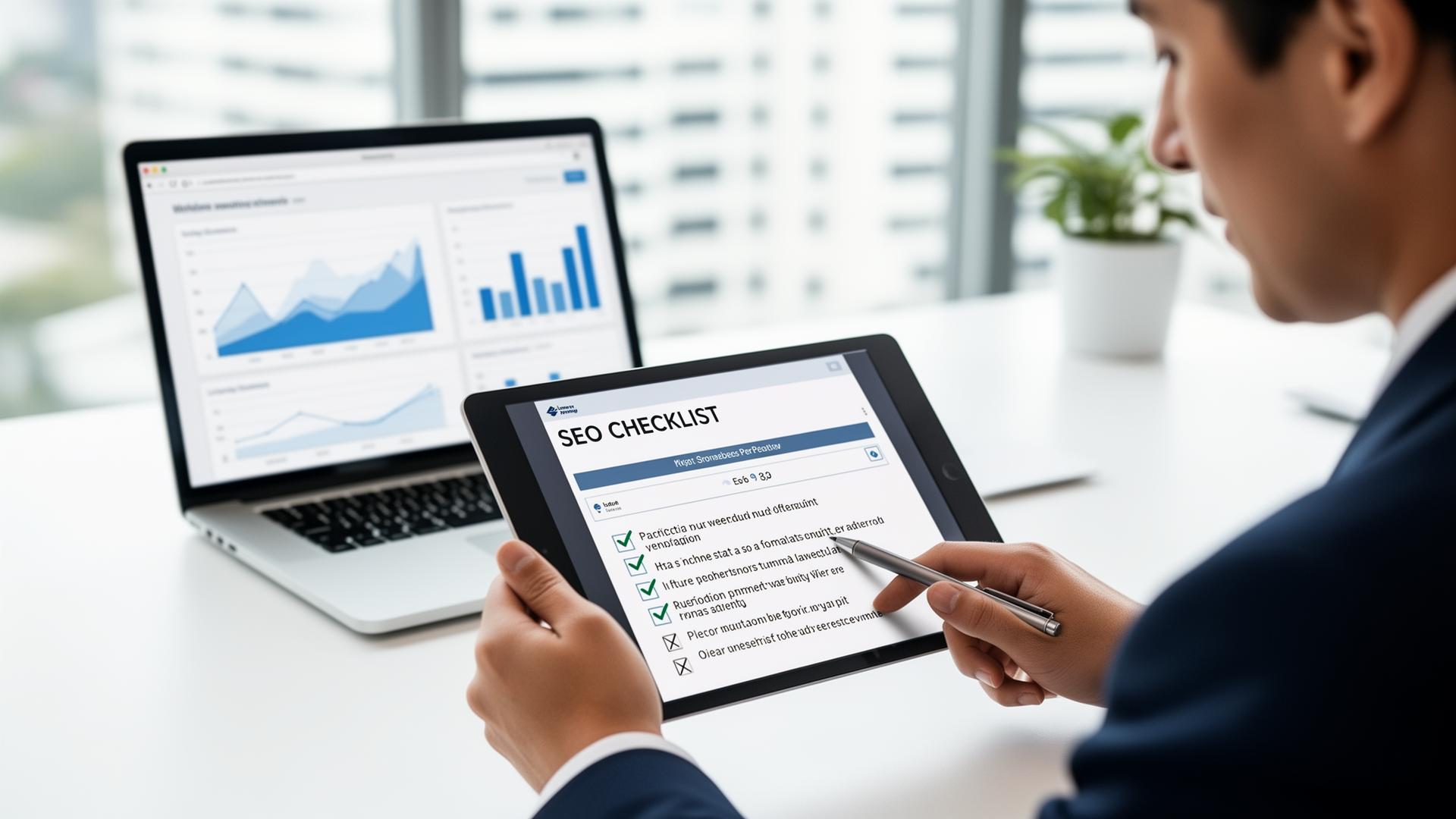 Marketing professional reviewing SEO checklist on tablet with laptop showing analytics in background