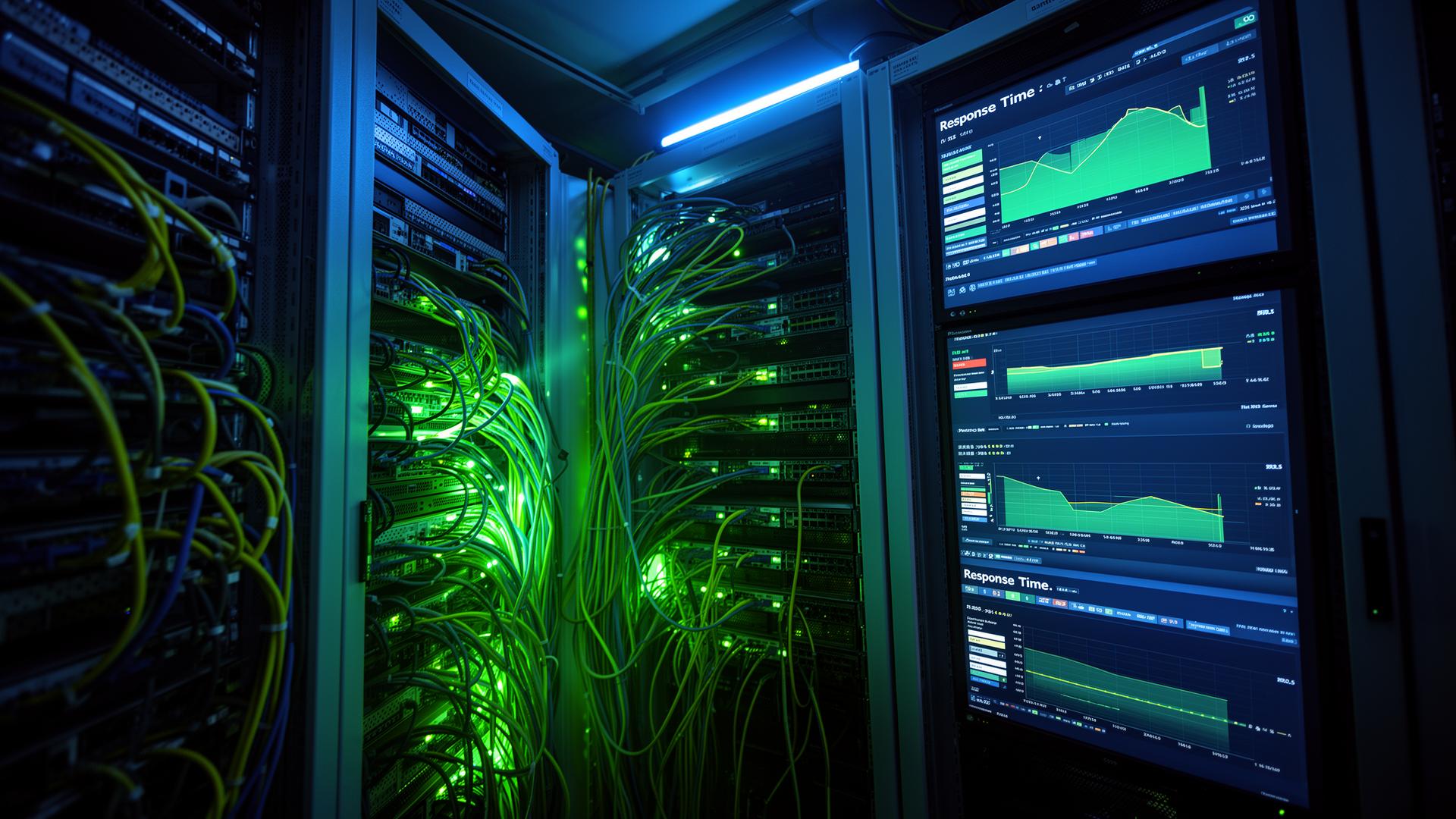 Server room with illuminated network cables and performance monitoring screens showing response time metrics