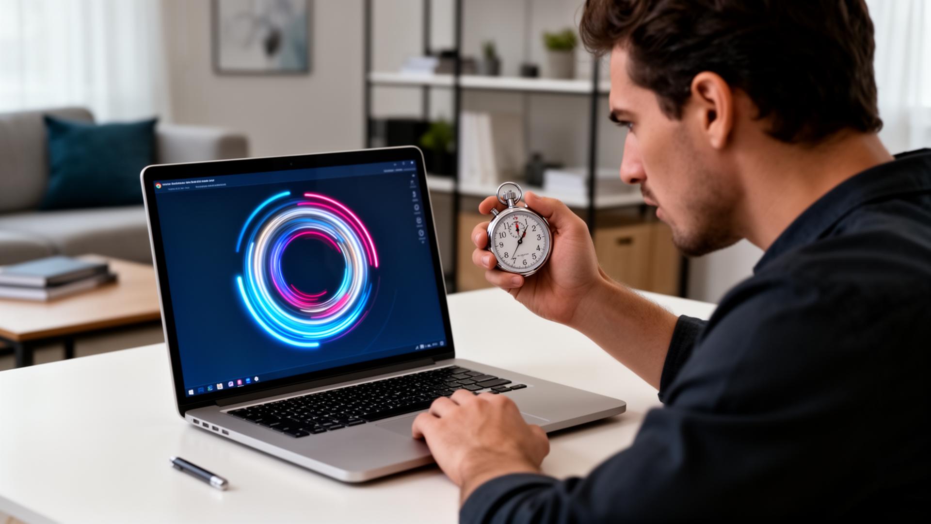 Person looking at laptop with loading spinner while holding stopwatch, diagnosing slow website performance