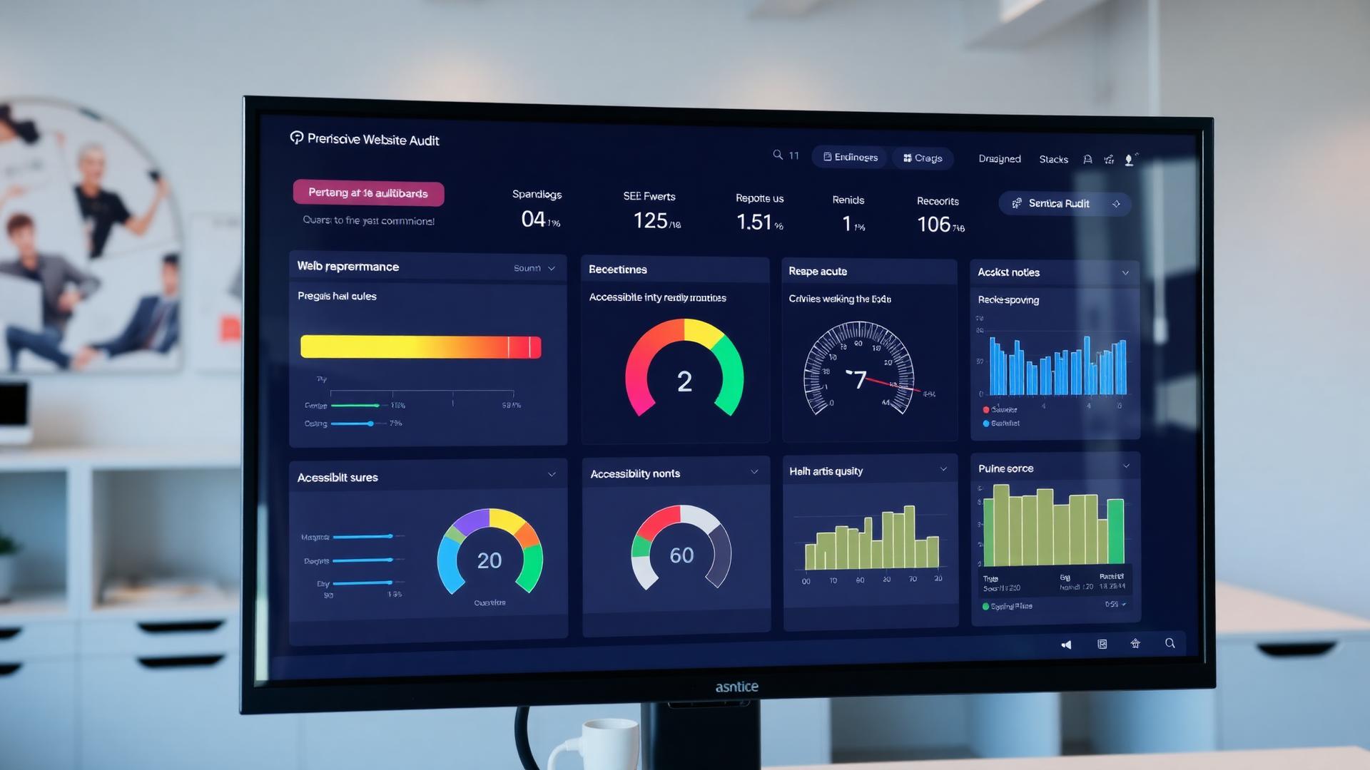 Comprehensive website audit dashboard displaying performance scores, SEO metrics, and accessibility checks