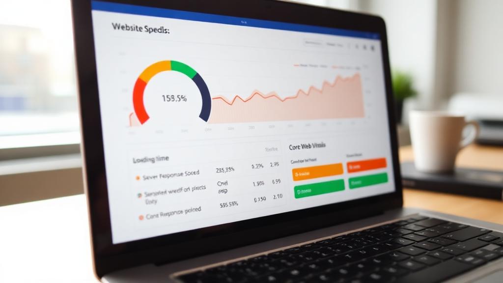 Website speed metrics on laptop showing loading time graph and Core Web Vitals scores