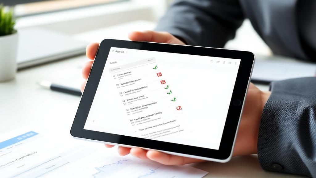 SEO analysis report on tablet showing checklist with optimization checks and warnings