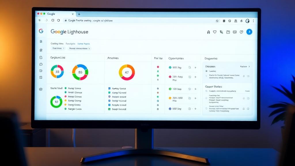 Google Lighthouse audit running in browser showing performance categories with score gauges and opportunities list