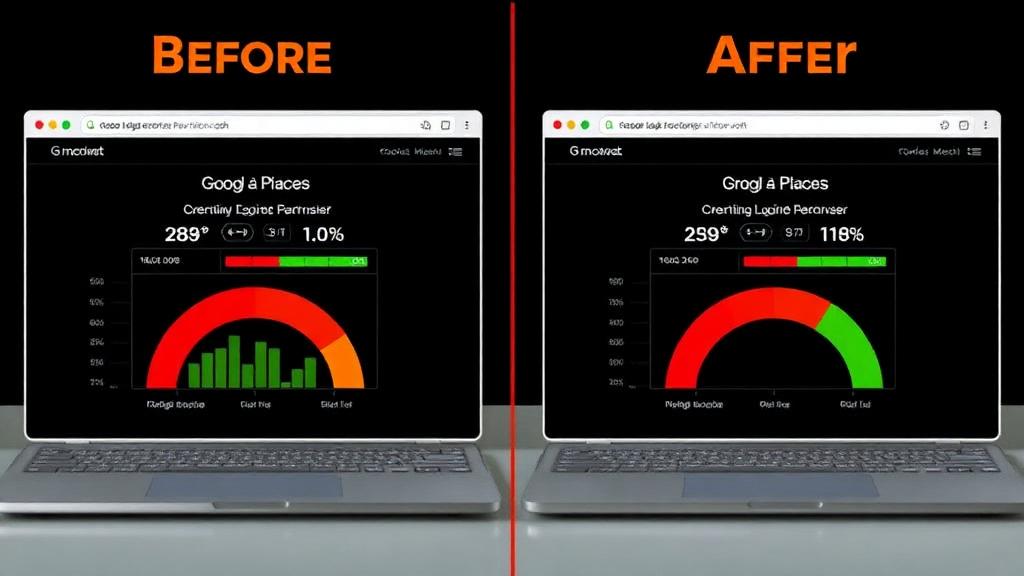 Before and after website performance improvement showing dramatic score improvements from poor to excellent